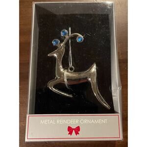Metal Leaping Reindeer Christmas Tree Ornament Blue Gem Jewel Deer New in Box